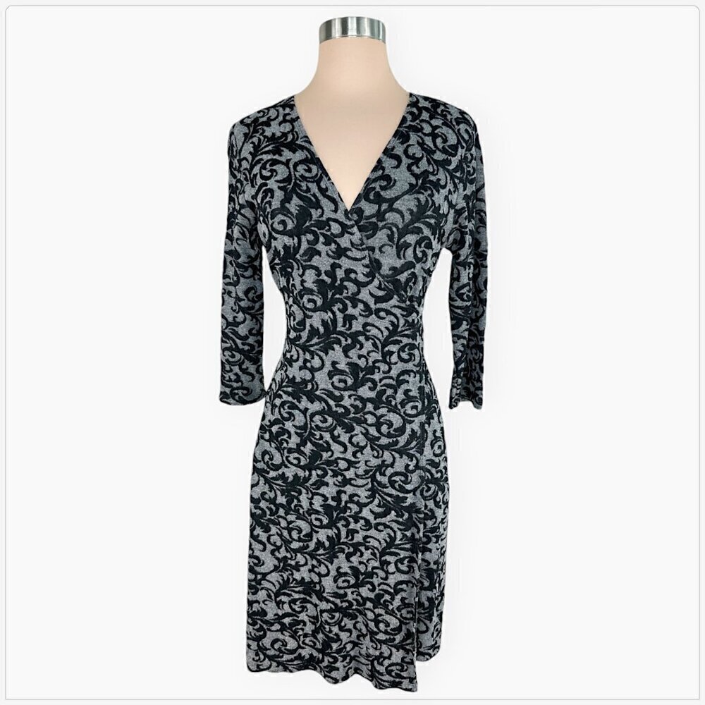 Coldwater Creek Black Gray Fleur De Lis Faux Wrap Look Stretch Knit Dress 10